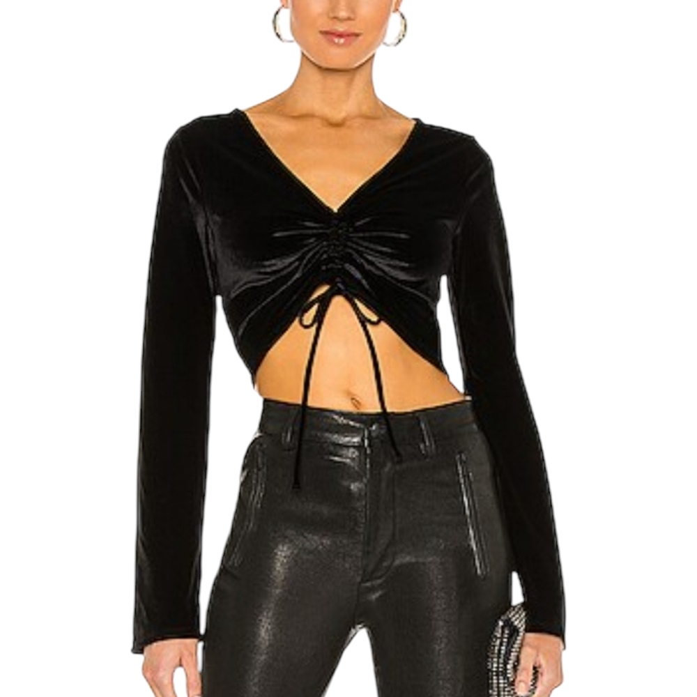 MICHAEL COSTELLO x REVOLVE | Black Velvet Ruched Crop Top in Size Small